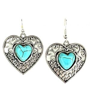 Silver Turquoise heart drop dangle earrings filigree lace Boho 925